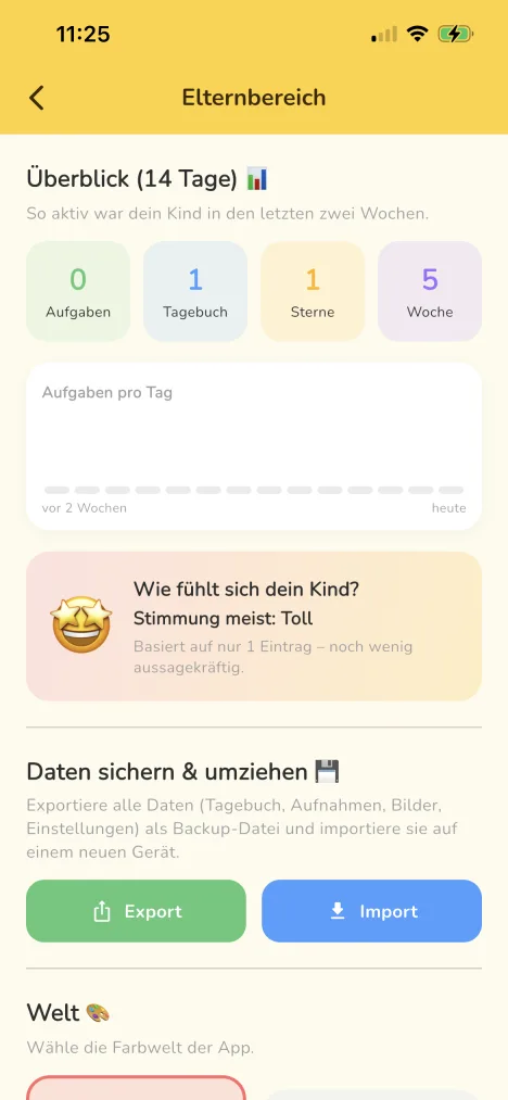 Elternbereich von Aliya mit Übersicht und Datenexport