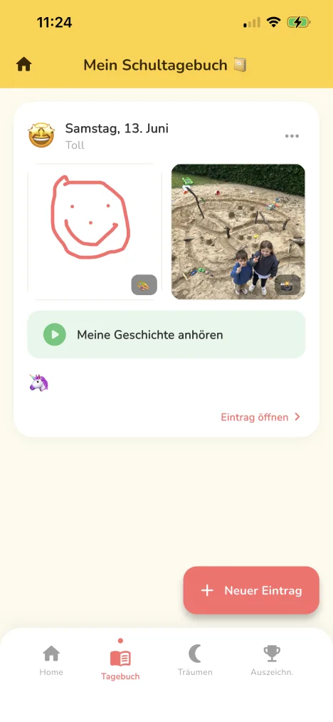Schultagebuch mit Bild, Zeichnung und aufgenommener Geschichte